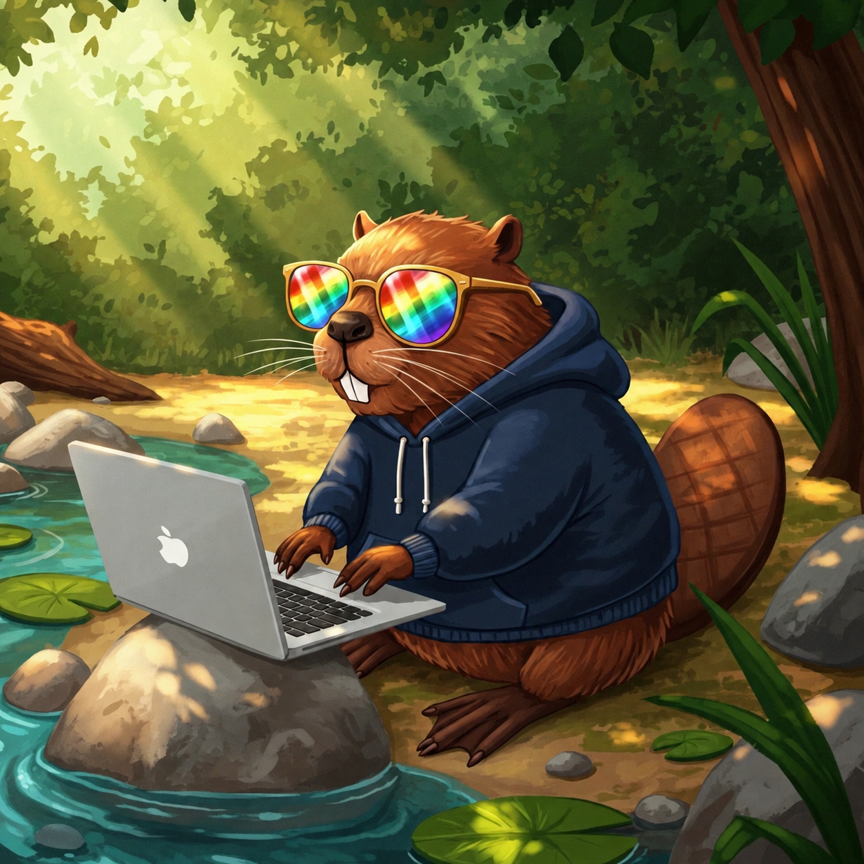 A beaver in a hoodie coding on a laptop beside a stream